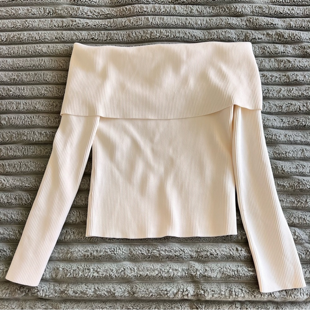 Astr Off-the-Shoulder Ribbed Sweater in Light Cream